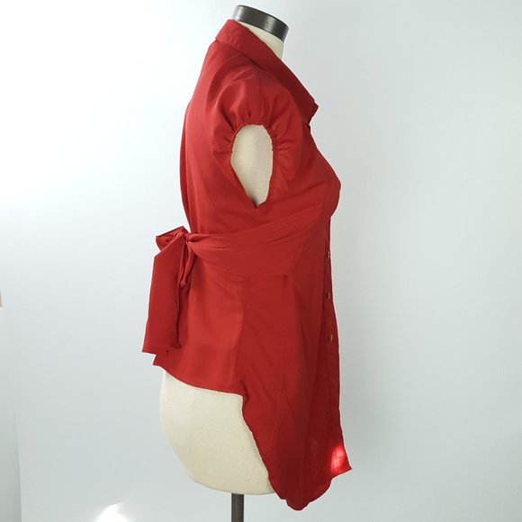 Bow Tie High Low Assymmetrical Blouse Red - Picture 1 of 10